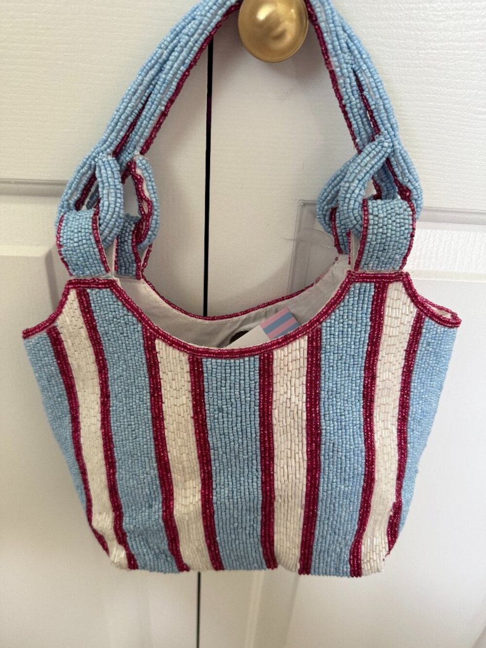 Made in India red and blue striped beaded bag